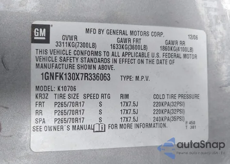 2007 Chevrolet Tahoe Lt z USA, uszkodzony, nr VIN 1GNFK130X7R336063